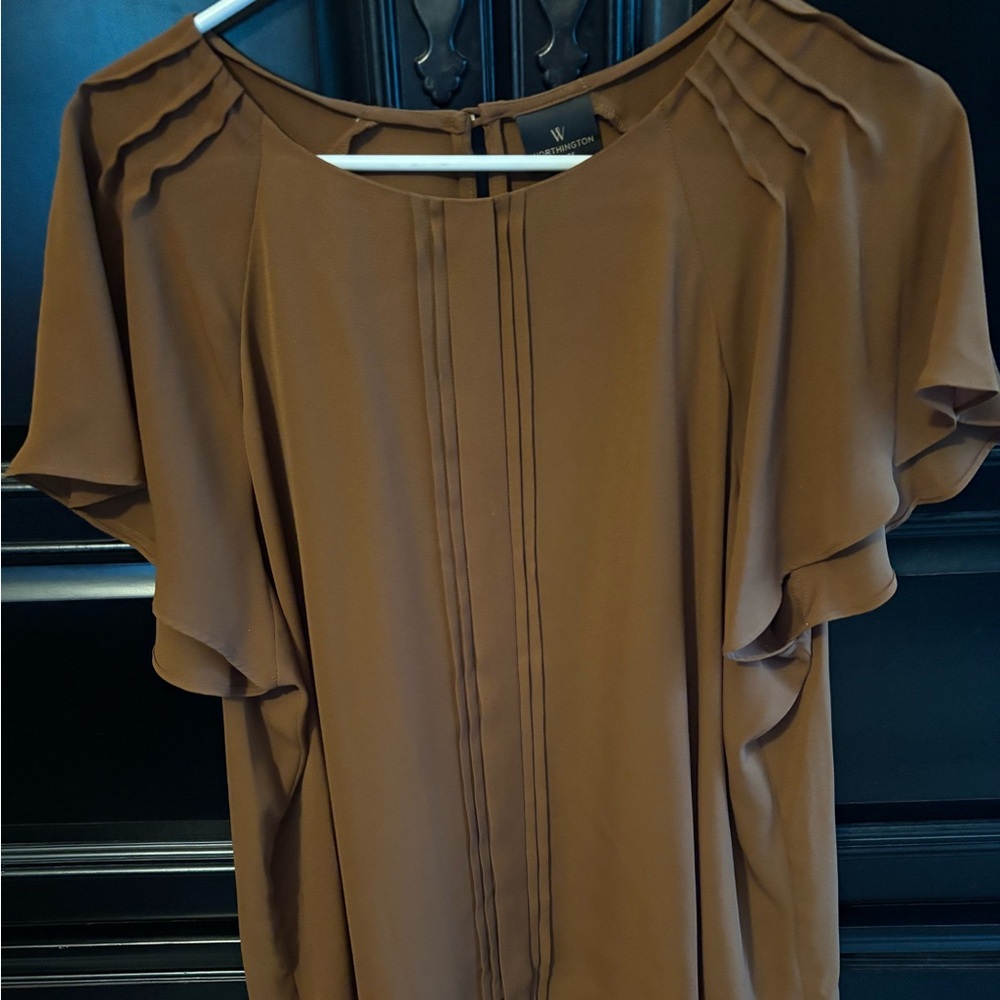 Worthington Brown Cap Sleeve Ruffled Blouse